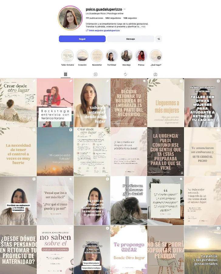 Tu perfil de Instagram @psico.guadaluperizzo con tus publicaciones